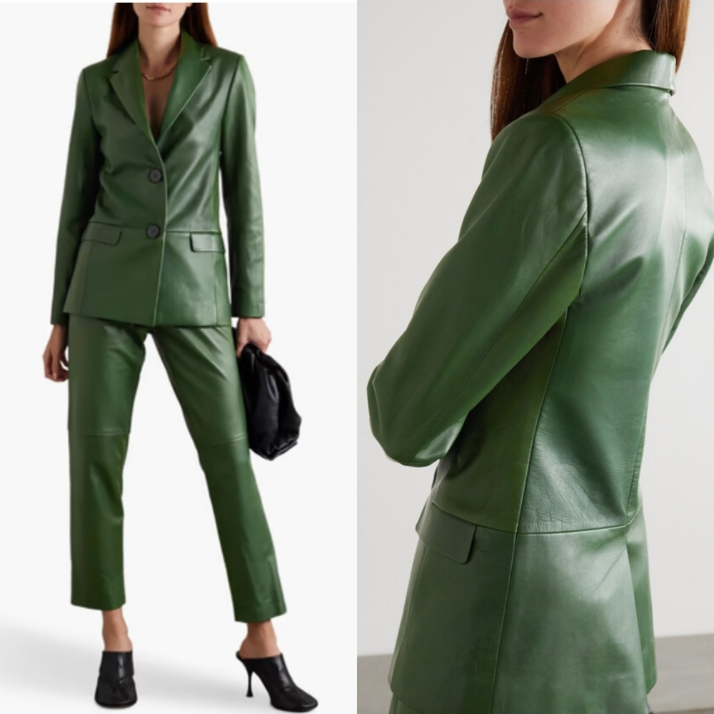 Bouguessa Amina Leather Blazer Jacket Green 2 Buttons Closure Size M
